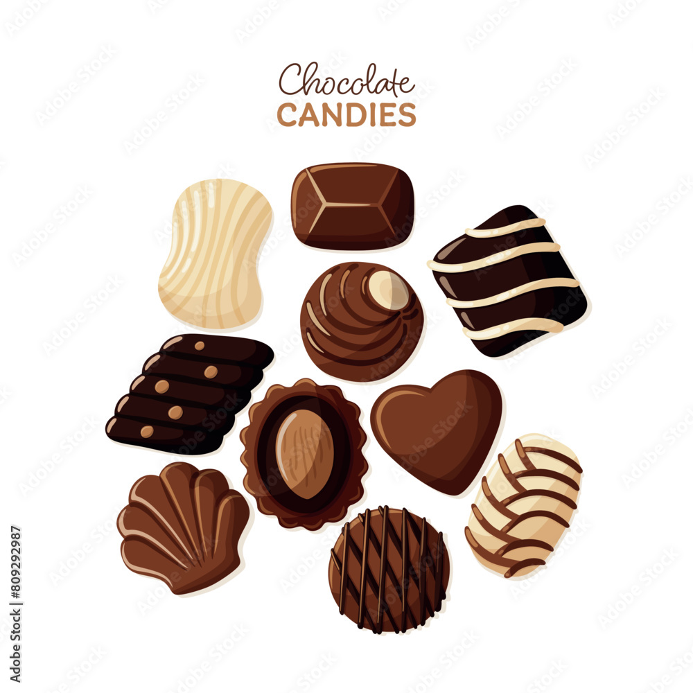Set of chocolate candies in different shapes. Set of chocolate candies in different shapes.