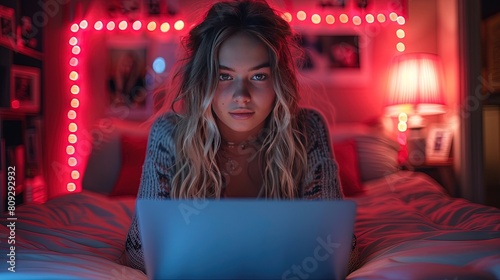 Inside a softly neon-lit room, a forty-year-old Scandinavian woman is seen engaging on her laptop in a lit room at home