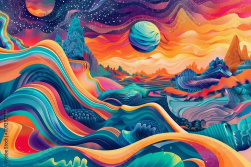 Surreal landscape with flowing hills and vibrant celestial bodies. Fantasy and dreamworld concept. Design for poster, wallpaper, and digital art themes. Generative AI