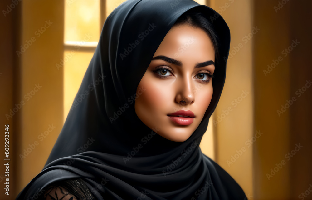 Painting of woman wearing black hijab with window in the background. Painting of woman wearing black hijab with window in the background.
