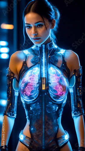 Woman in futuristic suit with glowing torso and large breasts is looking at the camera. photo