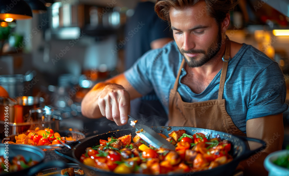 Handsome young man cooking in kitchen at home