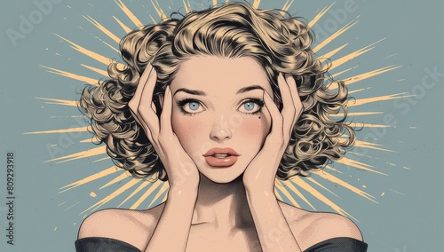 The woman is shocked and surprised, hands in the air, comic book style photo