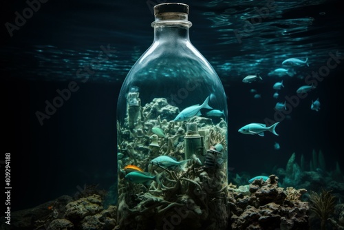 Surreal concept image of a sealed bottle with an ecosystem, against a deep-sea backdrop