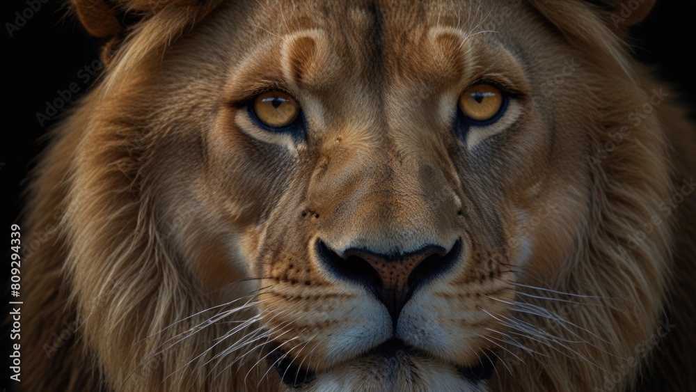 A majestic lion's face fills the frame