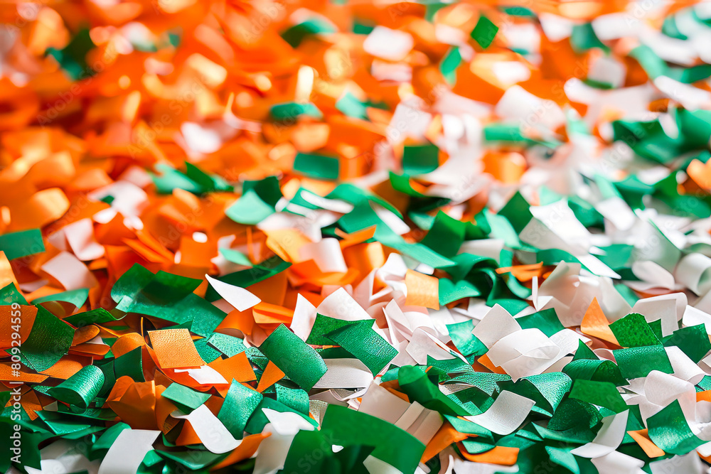 Saffron, white and green confetti in the colors of the Indian flag. Saffron, white and green confetti in the colors of the Indian flag.