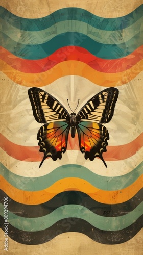 Vintage butterfly on colorful abstract waves