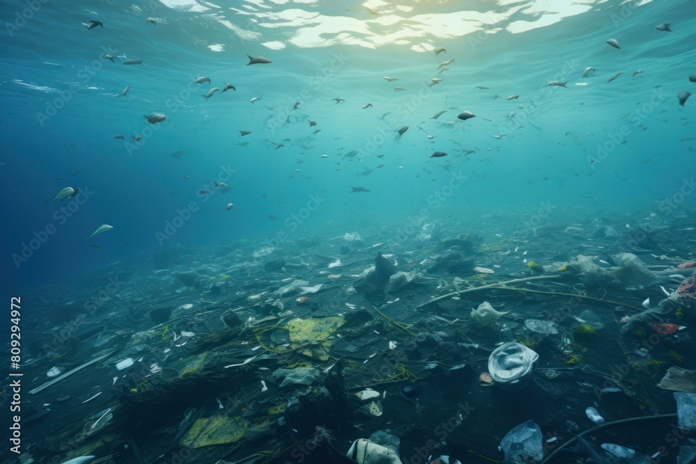 Fototapeta premium Underwater scene illustrating the severity of pollution with scattered trash and marine life