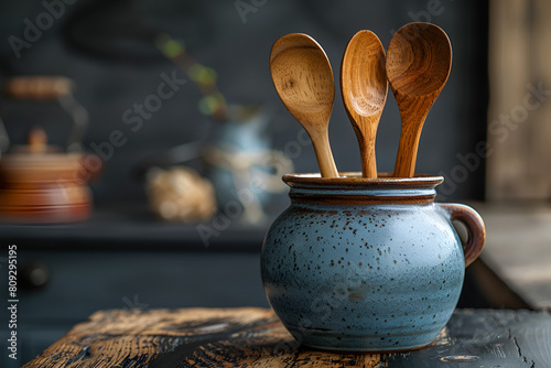 wooden kitchen utensils,
Vertical view of wooden kitchen spoons in a plas photo