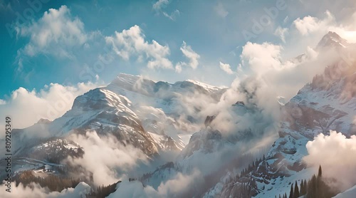 Timelapse in the Rocky Mountains in winter as spindrift blows from summit in high winds - Telluride, Colorado photo