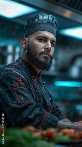 A young chef in a black outfit with a rugged beard and black hat gazes pensively into the distance, his mysterious aura captivating all who pass by