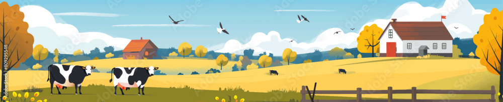 Cow farm with cows. Bright and cheerful farm scene depicting cows grazing near a farmhouse surrounded by golden autumn trees and flying birds generative ai vector illustration.