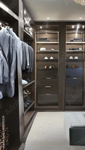 Room with custom closets, glass doors, interior lighting, men's shirts, men's suits, shelves with men's shoes, console with ties.
