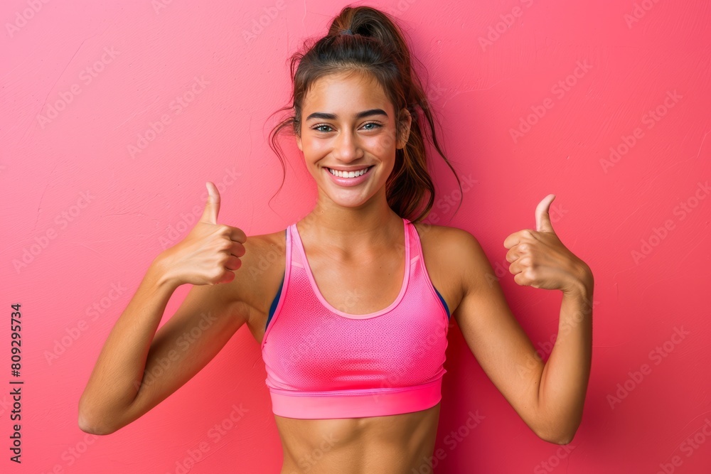 Double Thumbs Up for Fitness: Radiant Young Woman in Pink Sports Bra