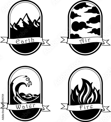 Water Fire Earth Air Icons. Sacred Magic Signs. Elemental Nature Symbols. Alchemical Symbols Set. Four Elements of Nature on White Background. Tarot Card Back Esoteric Design.