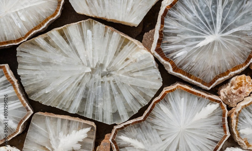 The crystals exhibit a radiant white hue, with their fine, needle-like structures elegantly radiating outward, creating a visually stunning contrast against the earthy background. photo