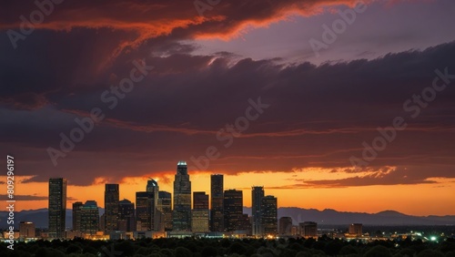 The Denver skyline at sunset is a breathtaking sight, bathed in warm hues of orange and pink that cascade over the cityscape.