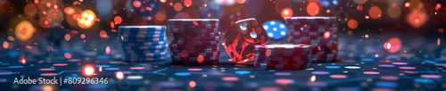 Casino chips on table. A vivid, close-up view of colorful casino chips stacked on a gaming table, illuminated by dazzling lights and bokeh generative ai vector illustration.