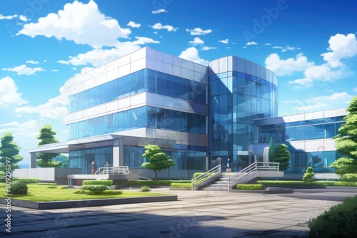 Illustrated modern office with reflective glass facade on a sunny day with lush greenery