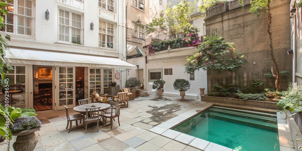 Fototapeta premium Photograph of a modern townhouse with a terrace and garden, swimming pool in NYC.