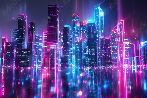 futuristic digital cityscape with glowing neon skyscrapers abstract urban development concept art