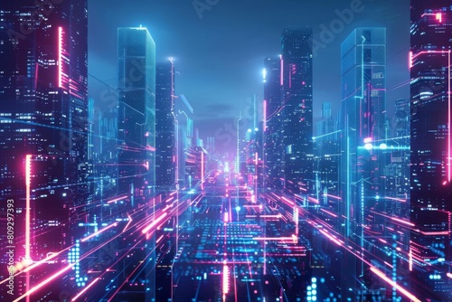 futuristic digital cityscape with glowing neon skyscrapers abstract urban development concept art