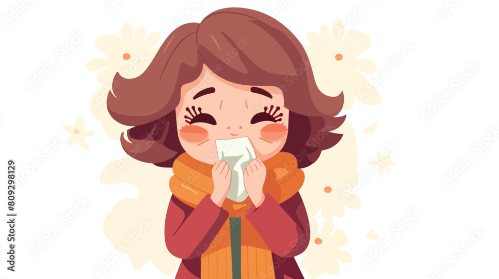Sick sneezing child using a handkerchief or tissue