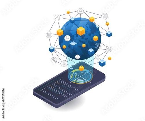 World business network smartphone technology infographics flat isometric 3d illustration