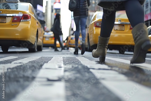 commuters feet crossing busy pedestrian crosswalk in new york city urban street scene photo