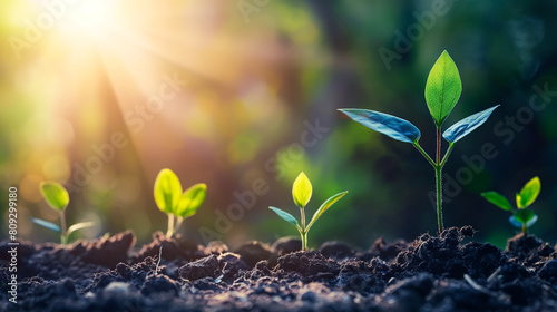 Young agriculture plant seeding growing step concept in garden and sunlight