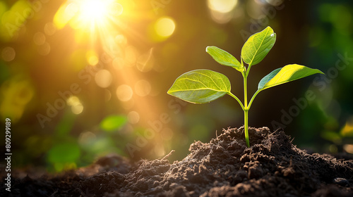 Young agriculture plant seeding growing step concept in garden and sunlight