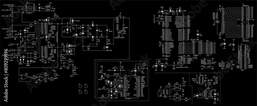 Schematic diagram of electronic device.
Vector drawing electrical circuit with 
integrated circuit, microcontroller,
resistor, capacitor, operational amplifier,
other components on paper sheet.