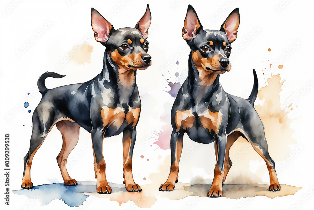 Miniature Pinscher with watercolor splashes isolated with copy space. Pet portrait illustration