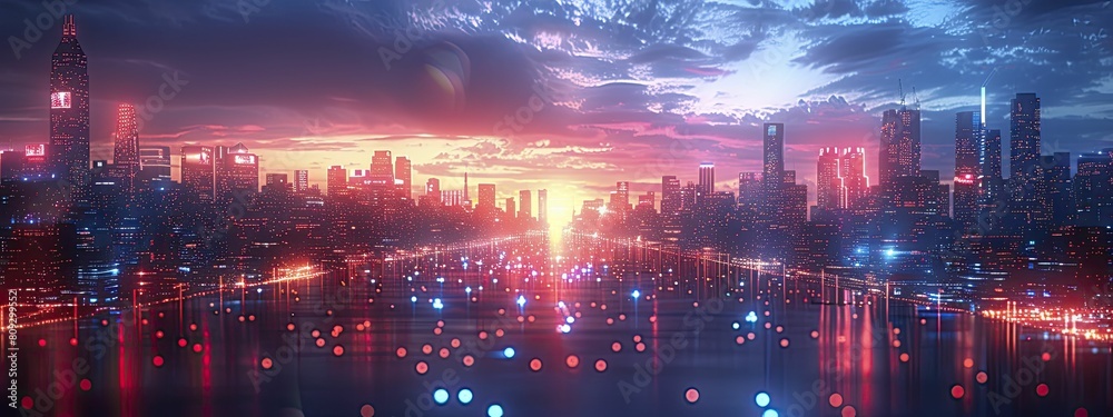 City of Digital Dreams - Sharp blue and red lights across a tech city skyline, showcasing modernity and motion.