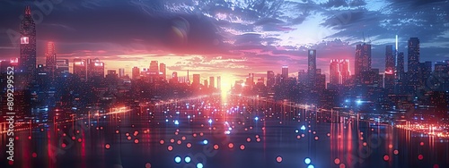 City of Digital Dreams - Sharp blue and red lights across a tech city skyline  showcasing modernity and motion.
