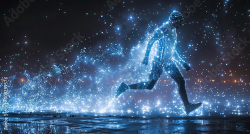 A man in mid-stride  running through the dark night sky.
