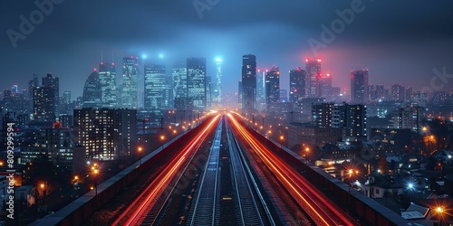 In the fast-paced City of Light and Speed  vibrant red and blue streaks illuminate the bustling urban landscape  revealing a web of innovation and energy.