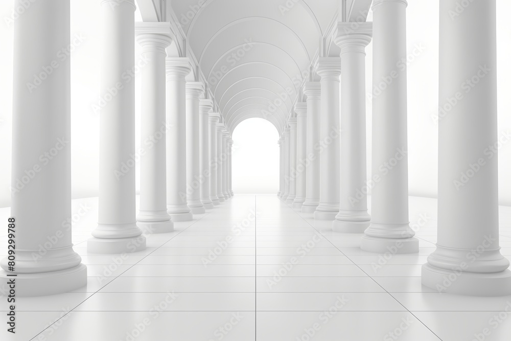 Elegant White Classic Interior with Columns, Tiled Floor, and Ornate Ceiling. Minimalist Design Concept with Symmetry and Modern Style. 3D Rendering for Architectural Visualization