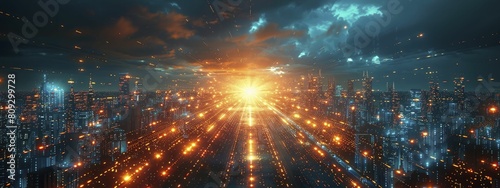 In the digital labyrinth of a connected metropolis, vibrant streams of light symbolize the rapid flow of data in a tech-savvy urban landscape.