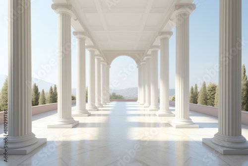 The image shows a long white marble floor with ionic columns on both sides. At the end of the corridor, there is a large arched opening with a view of the landscape outside. photo