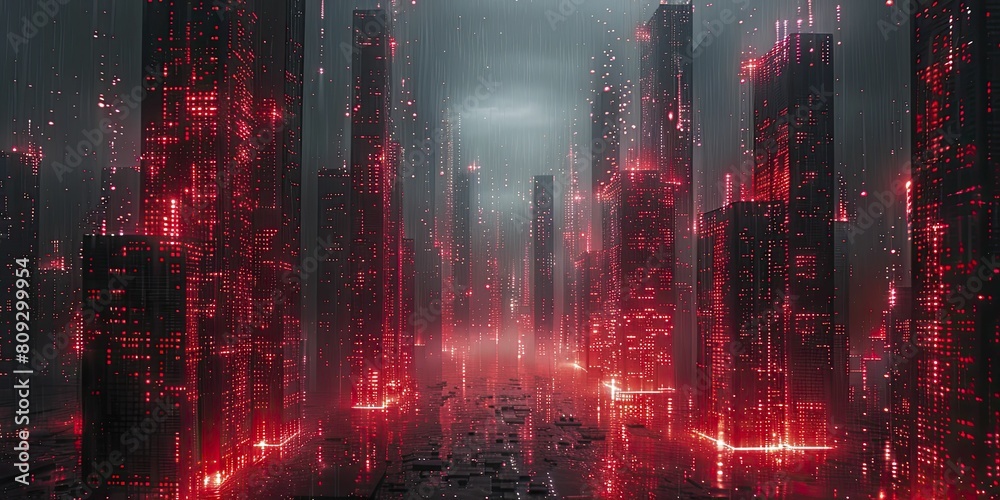 Digital Velocity - The hustle of a tech city captured with streaming red lights against towering structures. Digital Velocity - The hustle of a tech city captured with streaming red lights against towering structures.