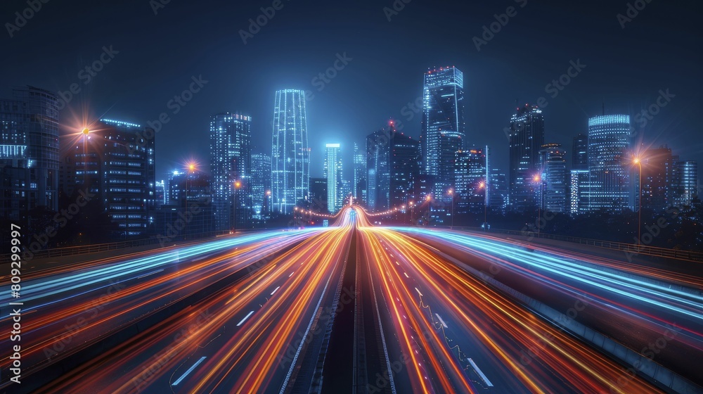 Dynamic Digital Highways - High speed light trails represent data flowing through a futuristic city at night.
