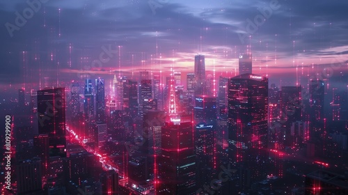 As night falls, the vibrant red and blue lights piercing through the shadows showcase a bustling hub of digital energy in the metropolis.