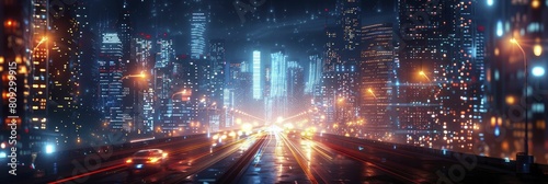 Digital Rush Hour: Luminous data streams crisscrossing among high rises in a futuristic cityscape. photo