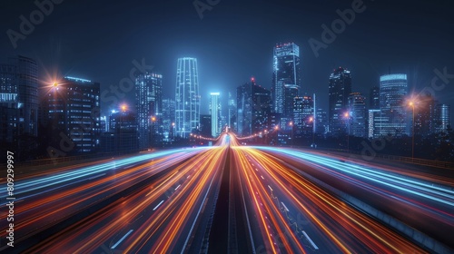 Dynamic Digital Highways - High speed light trails represent data flowing through a futuristic city at night. © Kanisorn