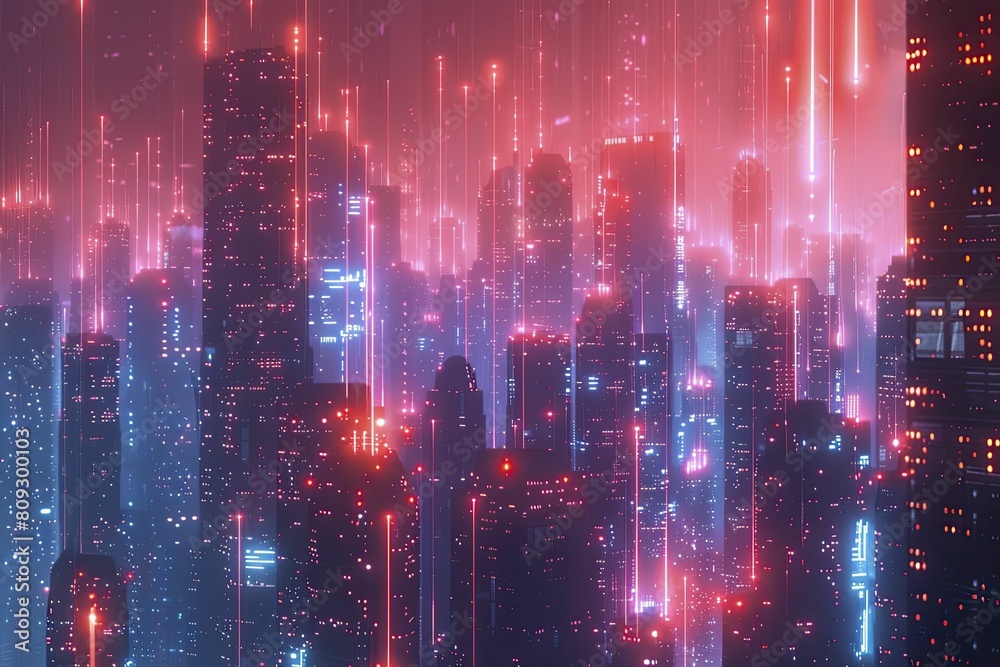 A futuristic cityscape glows with the vibrant hues of neon lights, embodying the swift exchange of high-speed data in the Neon Network.