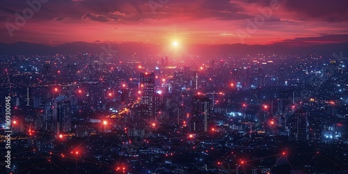 In the illuminated urban maze  a web of red and blue lights dances  symbolizing the pulse of a tech-infused metropolis.