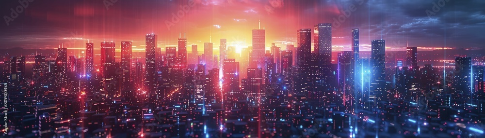 The cityscape comes alive with vibrant red and blue neon lights, showcasing a technologically advanced urban landscape at night. The cityscape comes alive with vibrant red and blue neon lights, showcasing a technologically advanced urban landscape at night.