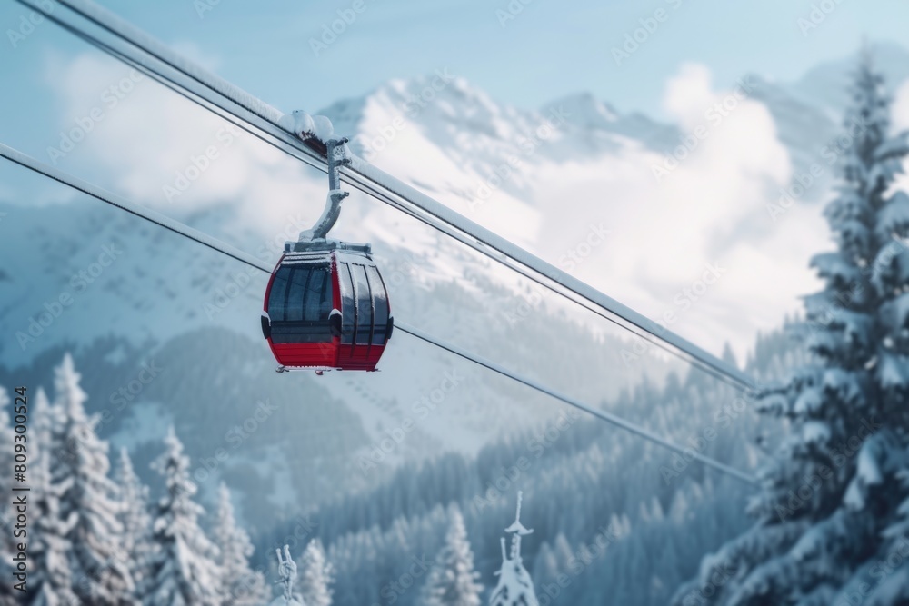 Ski lift with red and black caboose is suspended above snowy mountain Ski lift with red and black caboose is suspended above snowy mountain