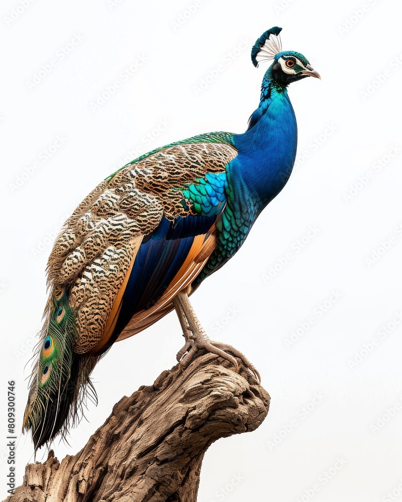 Obraz premium Indian Peafowl standing on small root, portrait view, white copy space on right, Comport, bliss, Full body shot, Front View,